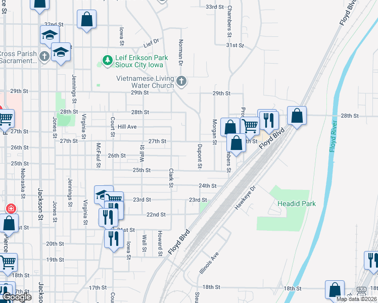 map of restaurants, bars, coffee shops, grocery stores, and more near 1526 27th Street in Sioux City