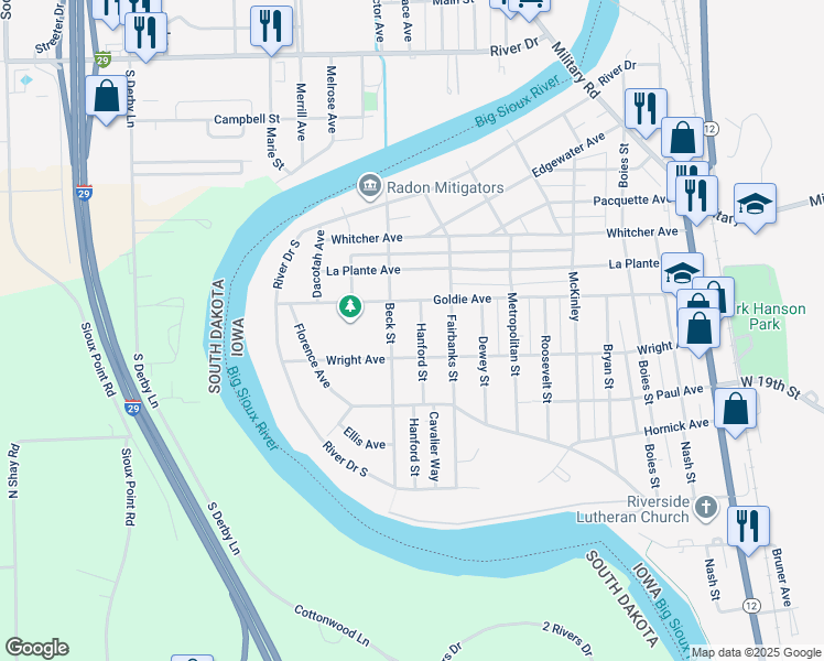 map of restaurants, bars, coffee shops, grocery stores, and more near 2250 Hanford Street in Sioux City
