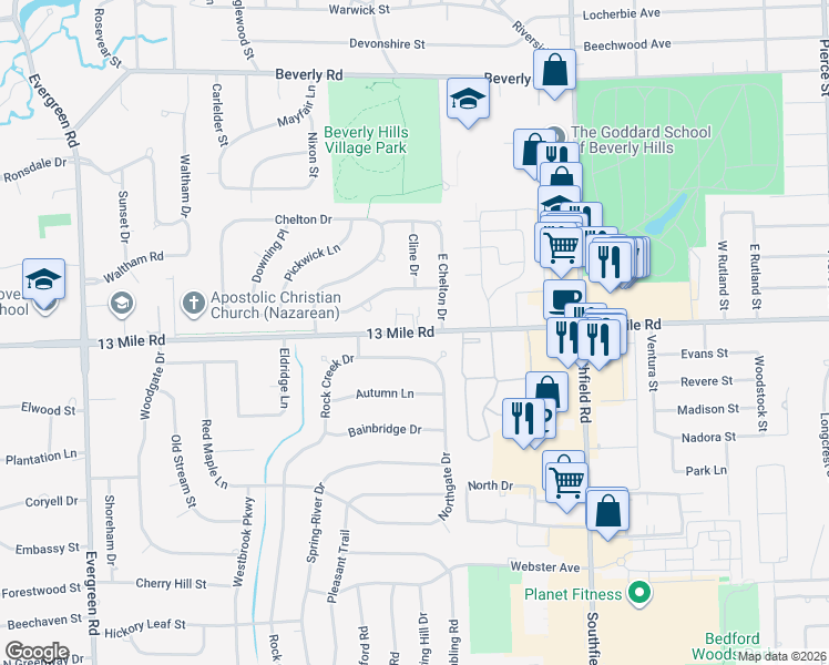 map of restaurants, bars, coffee shops, grocery stores, and more near 18674 West 13 Mile Road in Beverly Hills