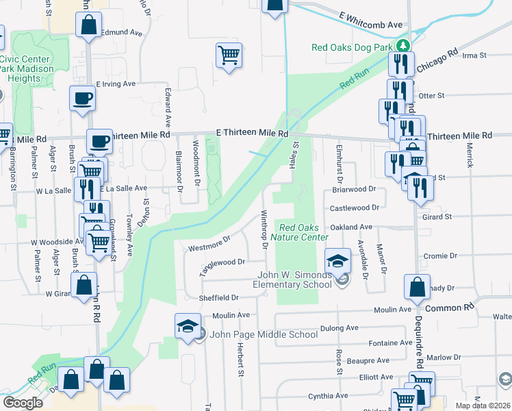 map of restaurants, bars, coffee shops, grocery stores, and more near 30724 Winthrop Drive in Madison Heights