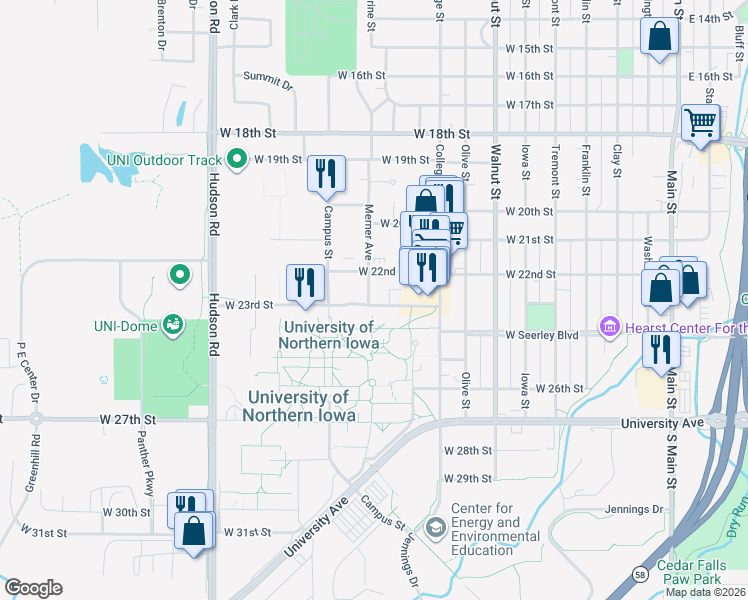 map of restaurants, bars, coffee shops, grocery stores, and more near in Cedar Falls