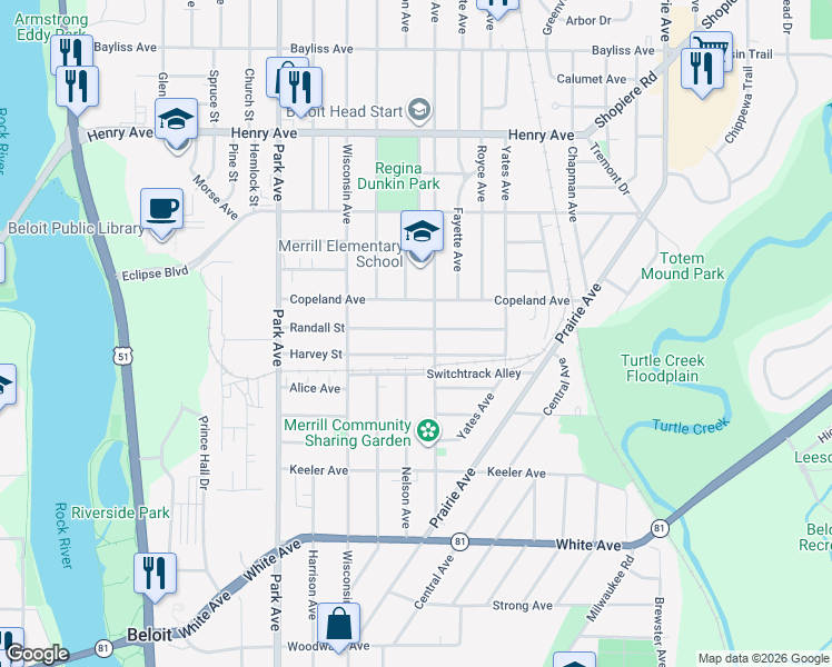 map of restaurants, bars, coffee shops, grocery stores, and more near 1226 Copeland Avenue in Beloit