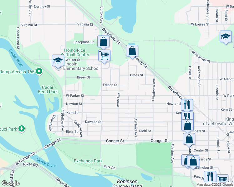 map of restaurants, bars, coffee shops, grocery stores, and more near 501 Edison Street in Waterloo