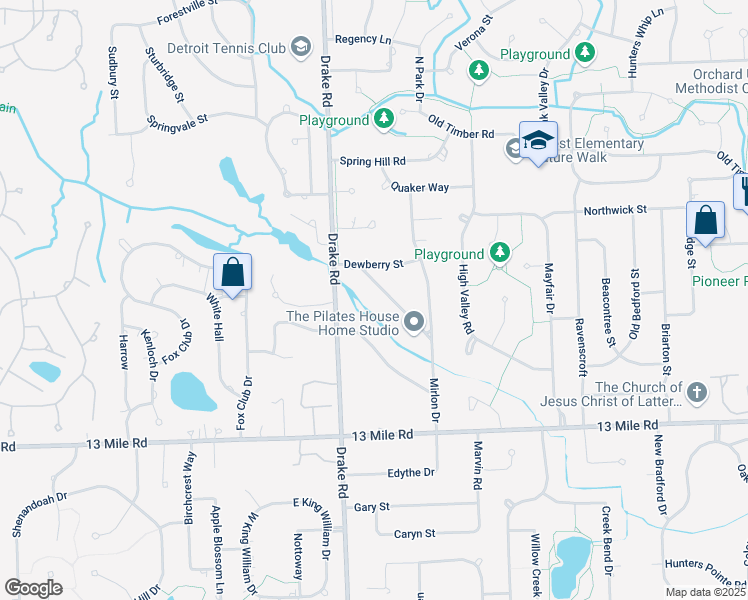 map of restaurants, bars, coffee shops, grocery stores, and more near 30126 De Orr Street in Farmington Hills