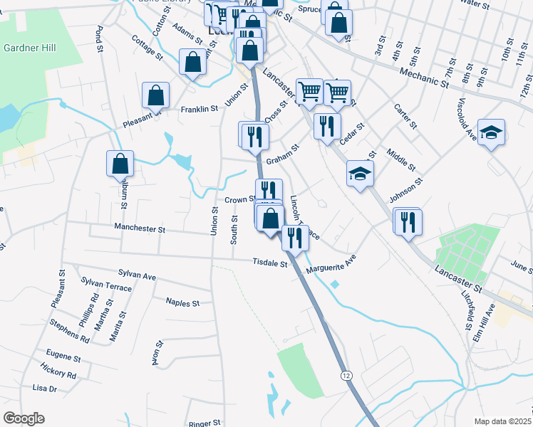 map of restaurants, bars, coffee shops, grocery stores, and more near 3 Bond Street in Leominster