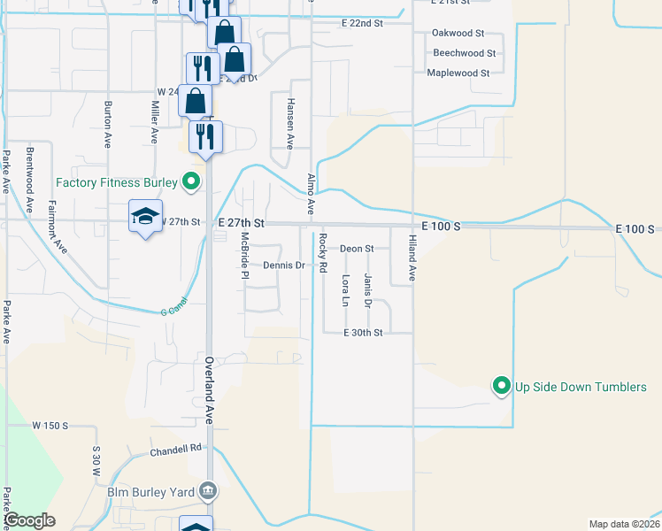 map of restaurants, bars, coffee shops, grocery stores, and more near 521 Deon Street in Burley