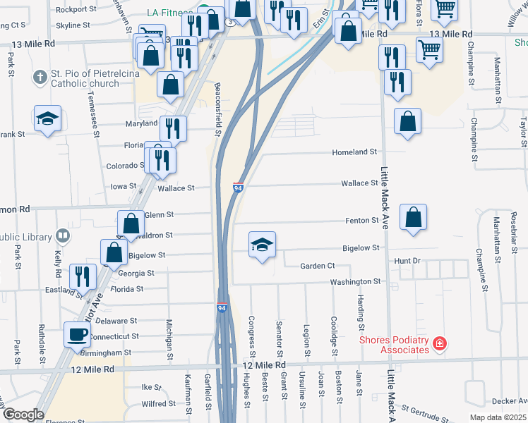 map of restaurants, bars, coffee shops, grocery stores, and more near 19931 Fenton Street in Roseville