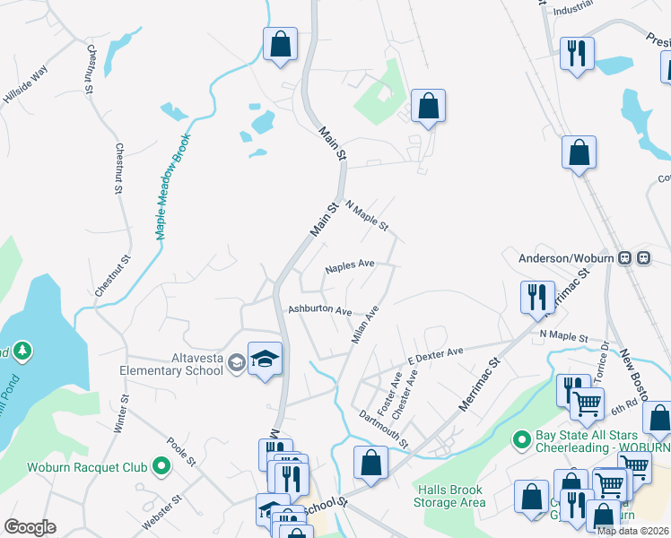 map of restaurants, bars, coffee shops, grocery stores, and more near 7 Washington Avenue in Woburn