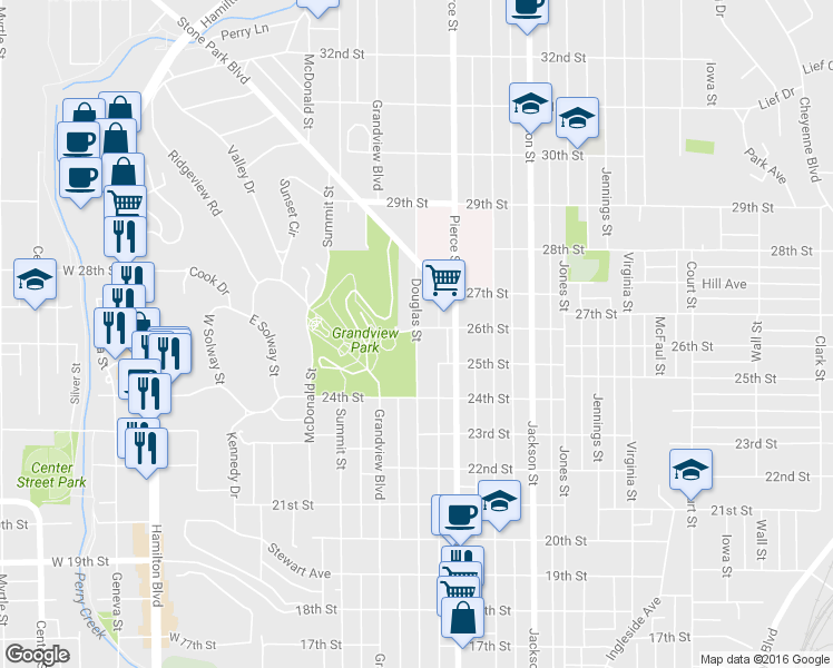 map of restaurants, bars, coffee shops, grocery stores, and more near 2524 Douglas Street in Sioux City