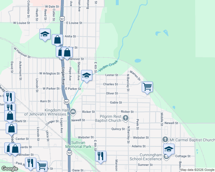map of restaurants, bars, coffee shops, grocery stores, and more near 301 Charles Street in Waterloo