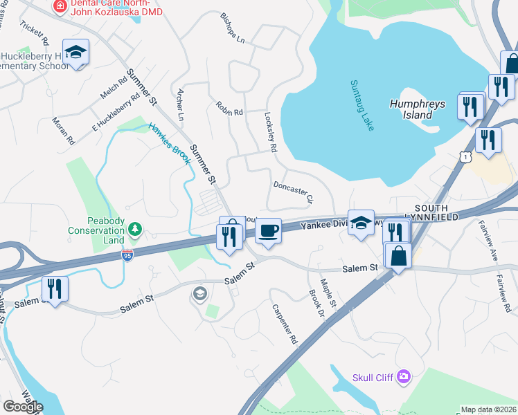 map of restaurants, bars, coffee shops, grocery stores, and more near 38 Doncaster Circle in Lynnfield