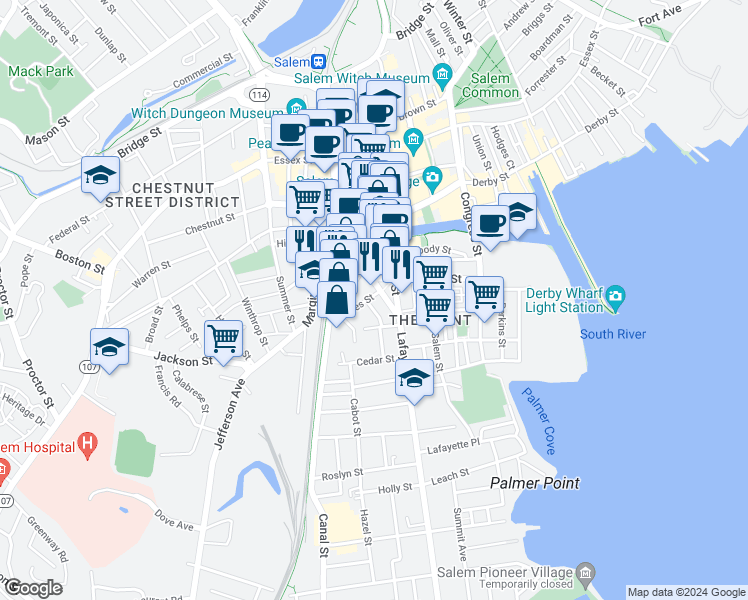 map of restaurants, bars, coffee shops, grocery stores, and more near 5 Pond Street in Salem
