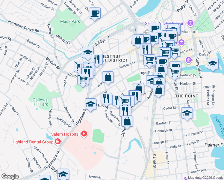 map of restaurants, bars, coffee shops, grocery stores, and more near 38 Broad Street in Salem