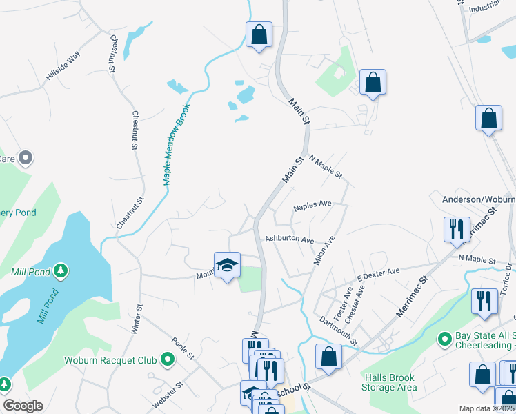 map of restaurants, bars, coffee shops, grocery stores, and more near 1020R Main Street in Woburn