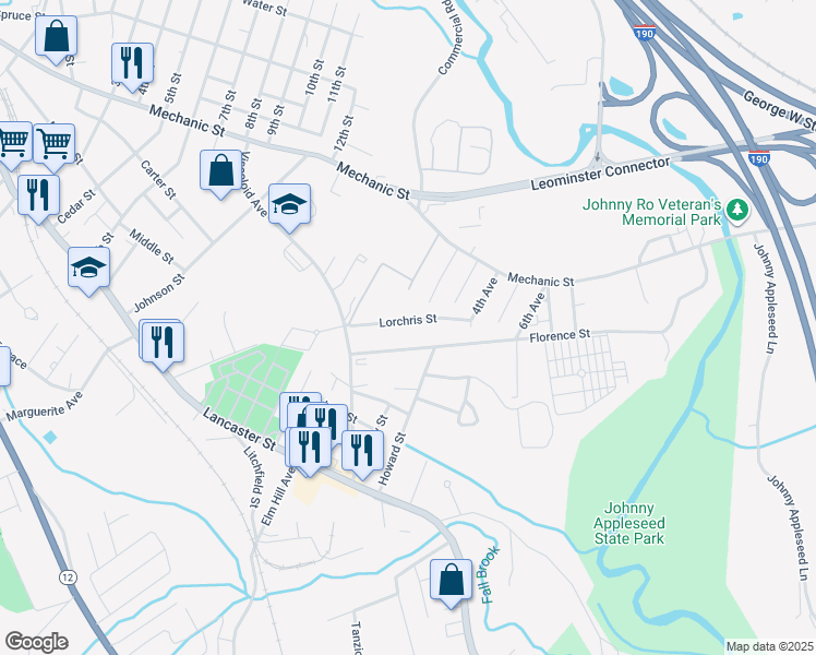 map of restaurants, bars, coffee shops, grocery stores, and more near 26 Lorchris Street in Leominster