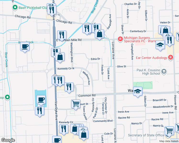 map of restaurants, bars, coffee shops, grocery stores, and more near 8673 Kennedy Circle North in Warren