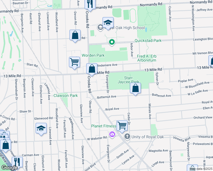 map of restaurants, bars, coffee shops, grocery stores, and more near 3129 Evergreen Drive in Royal Oak