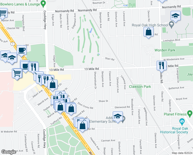 map of restaurants, bars, coffee shops, grocery stores, and more near 3225 Benjamin Avenue in Royal Oak