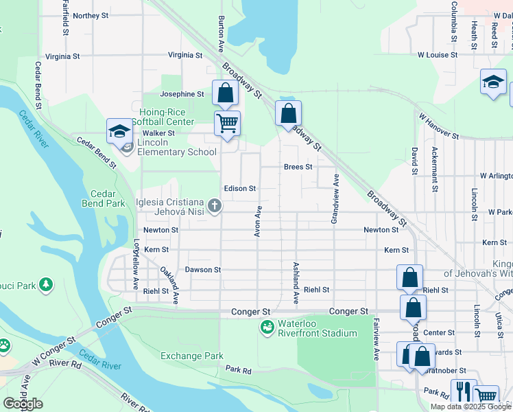 map of restaurants, bars, coffee shops, grocery stores, and more near 501 Edison Street in Waterloo