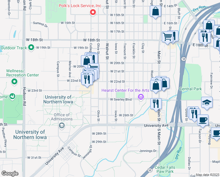 map of restaurants, bars, coffee shops, grocery stores, and more near 604 West 22nd Street in Cedar Falls