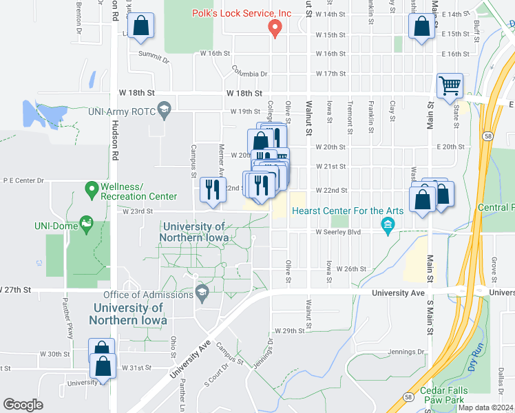 map of restaurants, bars, coffee shops, grocery stores, and more near 1009 West 23rd Street in Cedar Falls