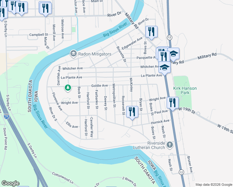 map of restaurants, bars, coffee shops, grocery stores, and more near 2201-2299 Roosevelt Street in Sioux City