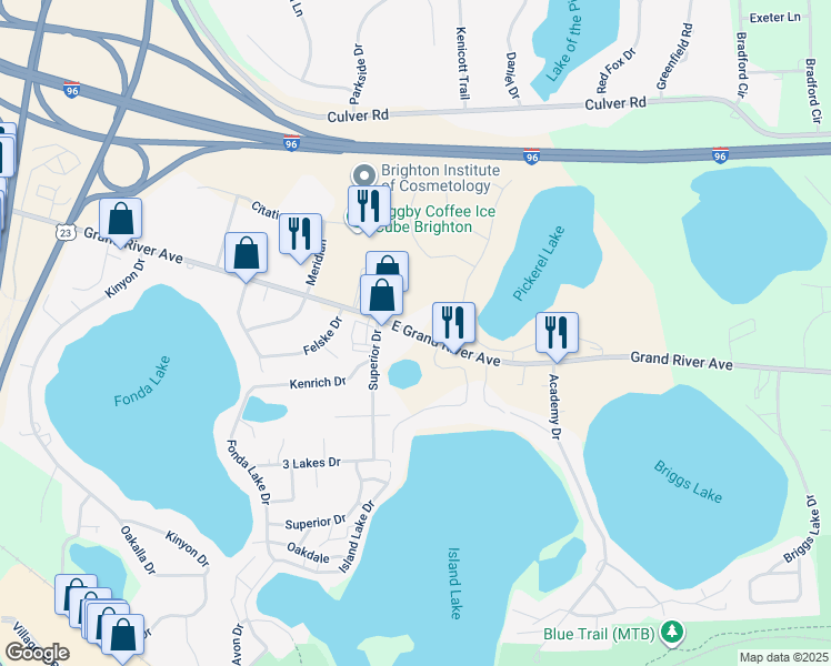 map of restaurants, bars, coffee shops, grocery stores, and more near 10675 Grand River Avenue in Brighton