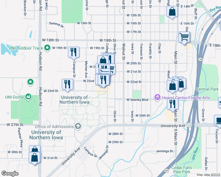 map of restaurants, bars, coffee shops, grocery stores, and more near 815 West 23rd Street in Cedar Falls