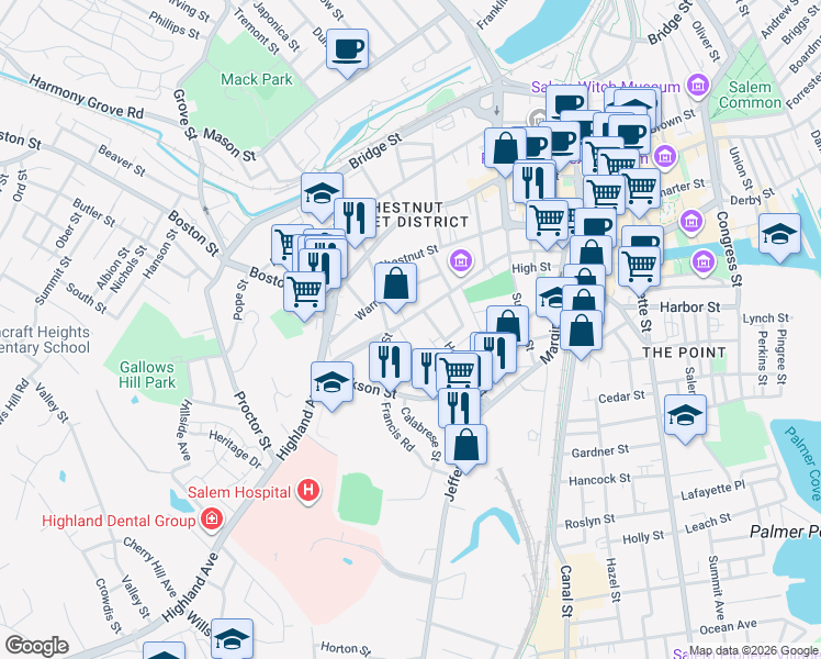 map of restaurants, bars, coffee shops, grocery stores, and more near 38 Broad Street in Salem