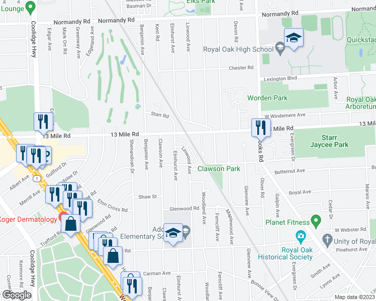 map of restaurants, bars, coffee shops, grocery stores, and more near 3104 Linwood Avenue in Royal Oak
