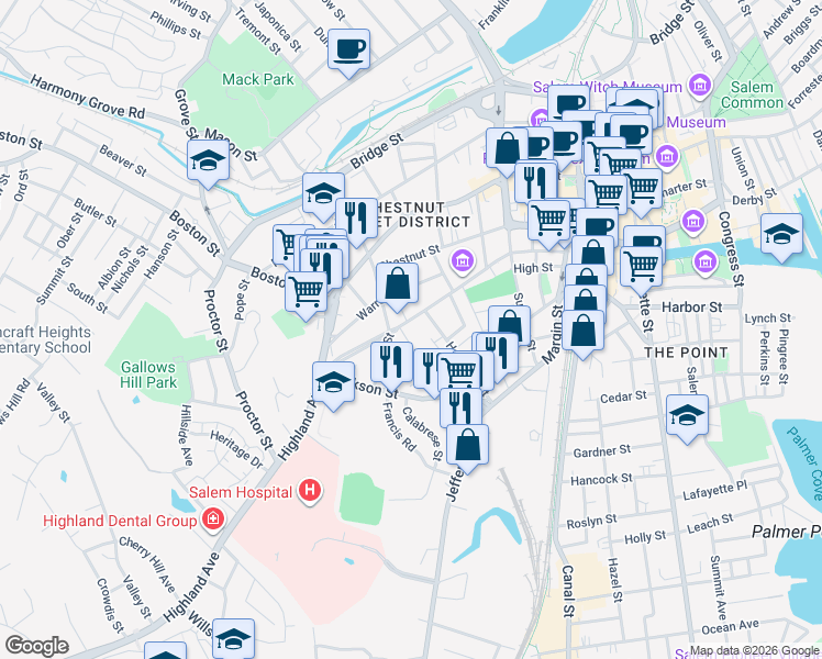map of restaurants, bars, coffee shops, grocery stores, and more near 45 Broad Street in Salem