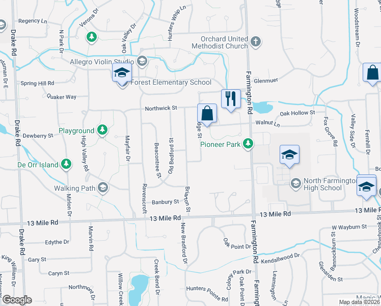 map of restaurants, bars, coffee shops, grocery stores, and more near 30019 Briarton Street in Farmington Hills