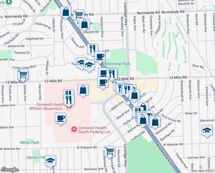 map of restaurants, bars, coffee shops, grocery stores, and more near 30955 Woodward Avenue in Royal Oak