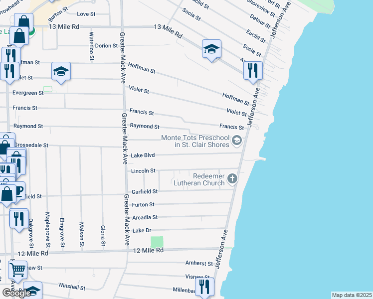 map of restaurants, bars, coffee shops, grocery stores, and more near 22704 Raymond Court in St. Clair Shores