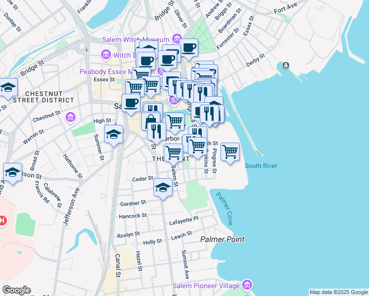 map of restaurants, bars, coffee shops, grocery stores, and more near 2 Prince Street Place in Salem