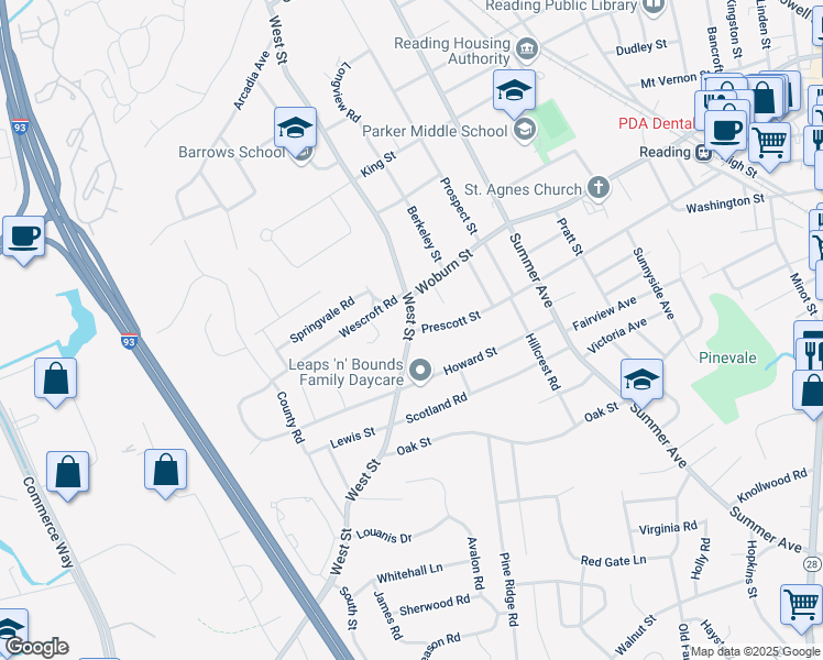 map of restaurants, bars, coffee shops, grocery stores, and more near 201 West Street in Reading