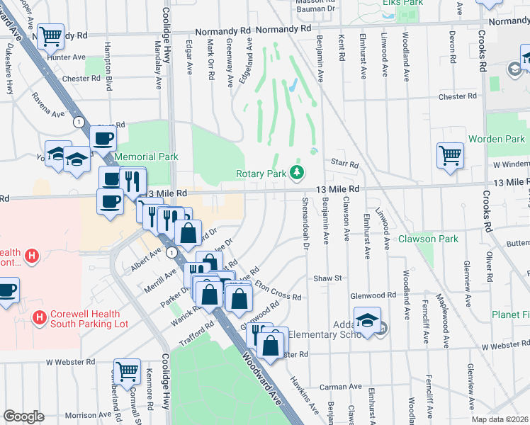 map of restaurants, bars, coffee shops, grocery stores, and more near 2715 Bamlet Road in Royal Oak