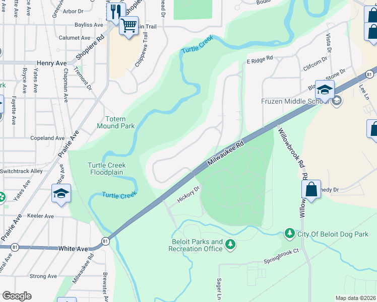 map of restaurants, bars, coffee shops, grocery stores, and more near 2137 East Ridge Road in Beloit