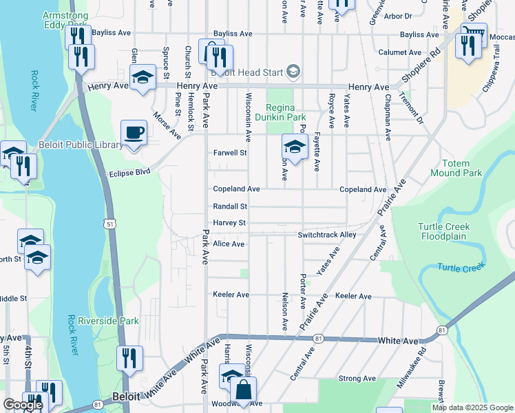 map of restaurants, bars, coffee shops, grocery stores, and more near 1113 Randall Street in Beloit