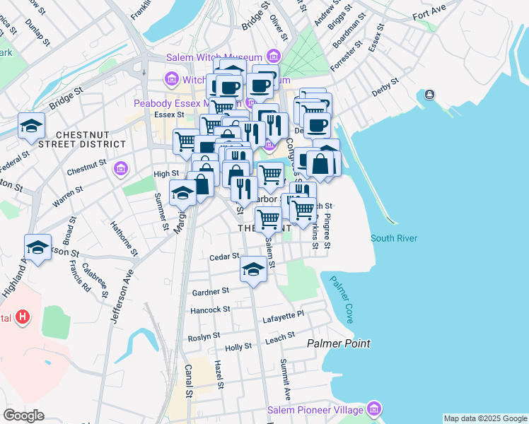 map of restaurants, bars, coffee shops, grocery stores, and more near 32 Harbor Street in Salem
