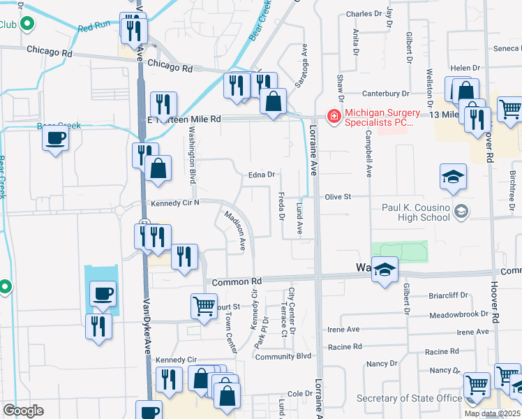 map of restaurants, bars, coffee shops, grocery stores, and more near 8673 Kennedy Circle North in Warren