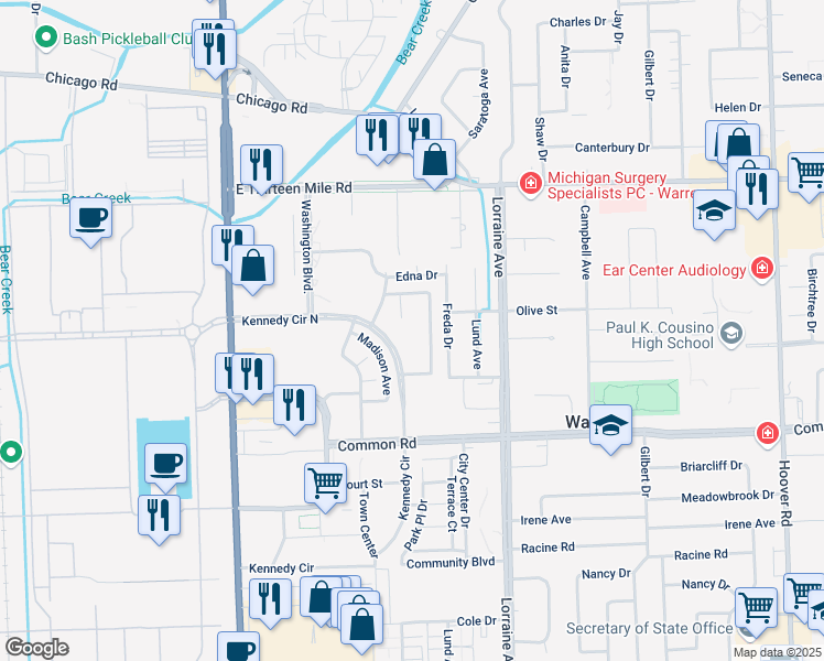 map of restaurants, bars, coffee shops, grocery stores, and more near 8673 Kennedy Circle North in Warren