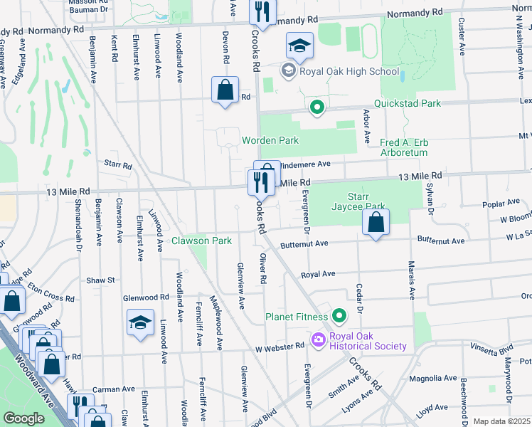 map of restaurants, bars, coffee shops, grocery stores, and more near 3204 Crooks Road in Royal Oak