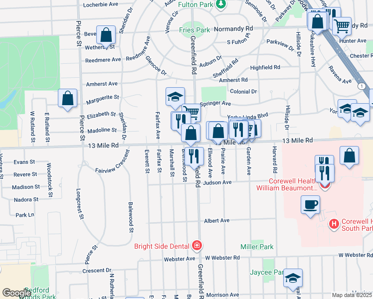 map of restaurants, bars, coffee shops, grocery stores, and more near 15600 13 Mile Road in Beverly Hills