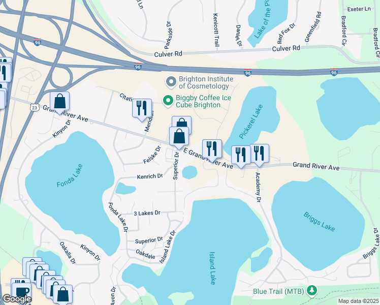 map of restaurants, bars, coffee shops, grocery stores, and more near 10611 East Grand River Avenue in Brighton