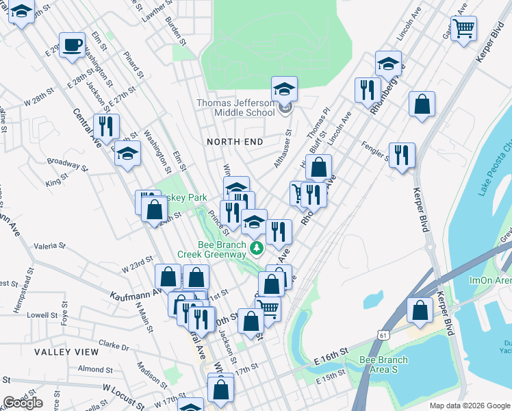map of restaurants, bars, coffee shops, grocery stores, and more near 2200 Windsor Avenue in Dubuque