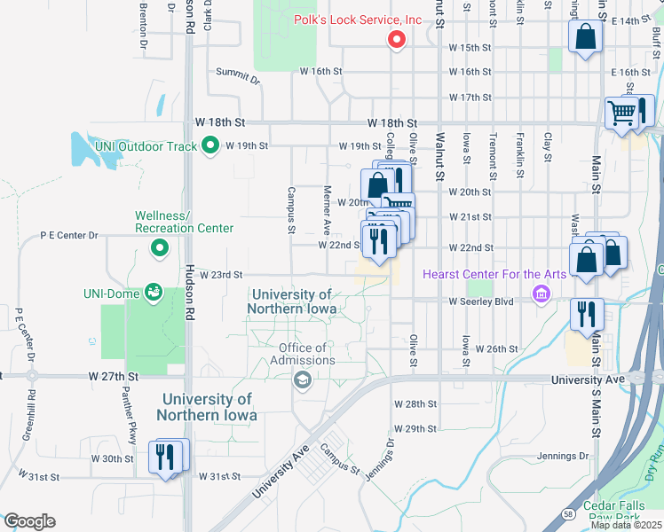 map of restaurants, bars, coffee shops, grocery stores, and more near in Cedar Falls
