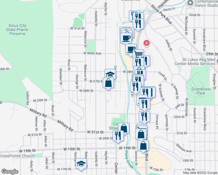 map of restaurants, bars, coffee shops, grocery stores, and more near 1114 West 27th Street in Sioux City