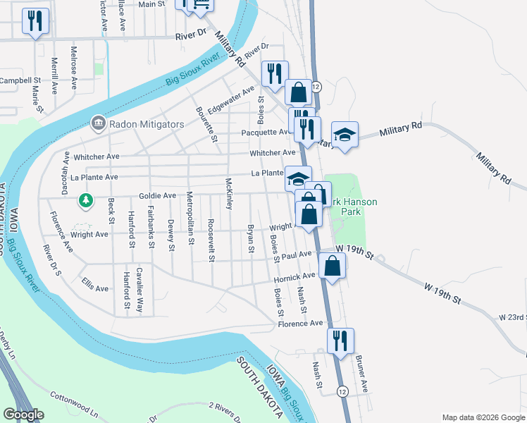 map of restaurants, bars, coffee shops, grocery stores, and more near 2220 Bryan Street in Sioux City