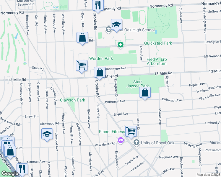 map of restaurants, bars, coffee shops, grocery stores, and more near 3129 Evergreen Drive in Royal Oak